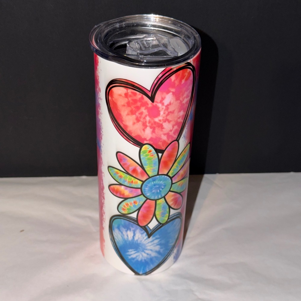 Tumbler 20oz Multicolor Hearts Daisy Tie Dye Insulated Cup